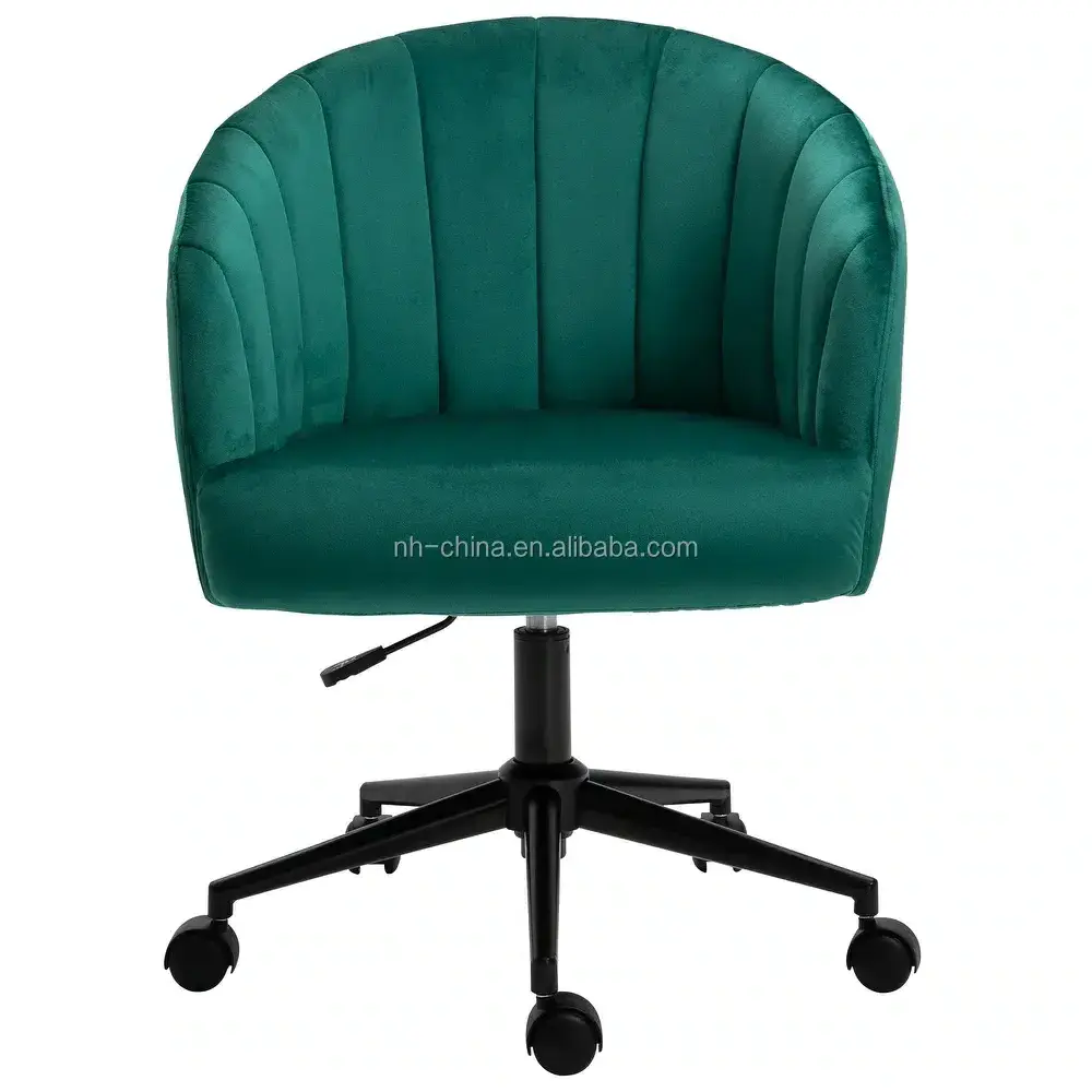 Stylish comfortable deep green velvet fabric office desk chair with matt metal base