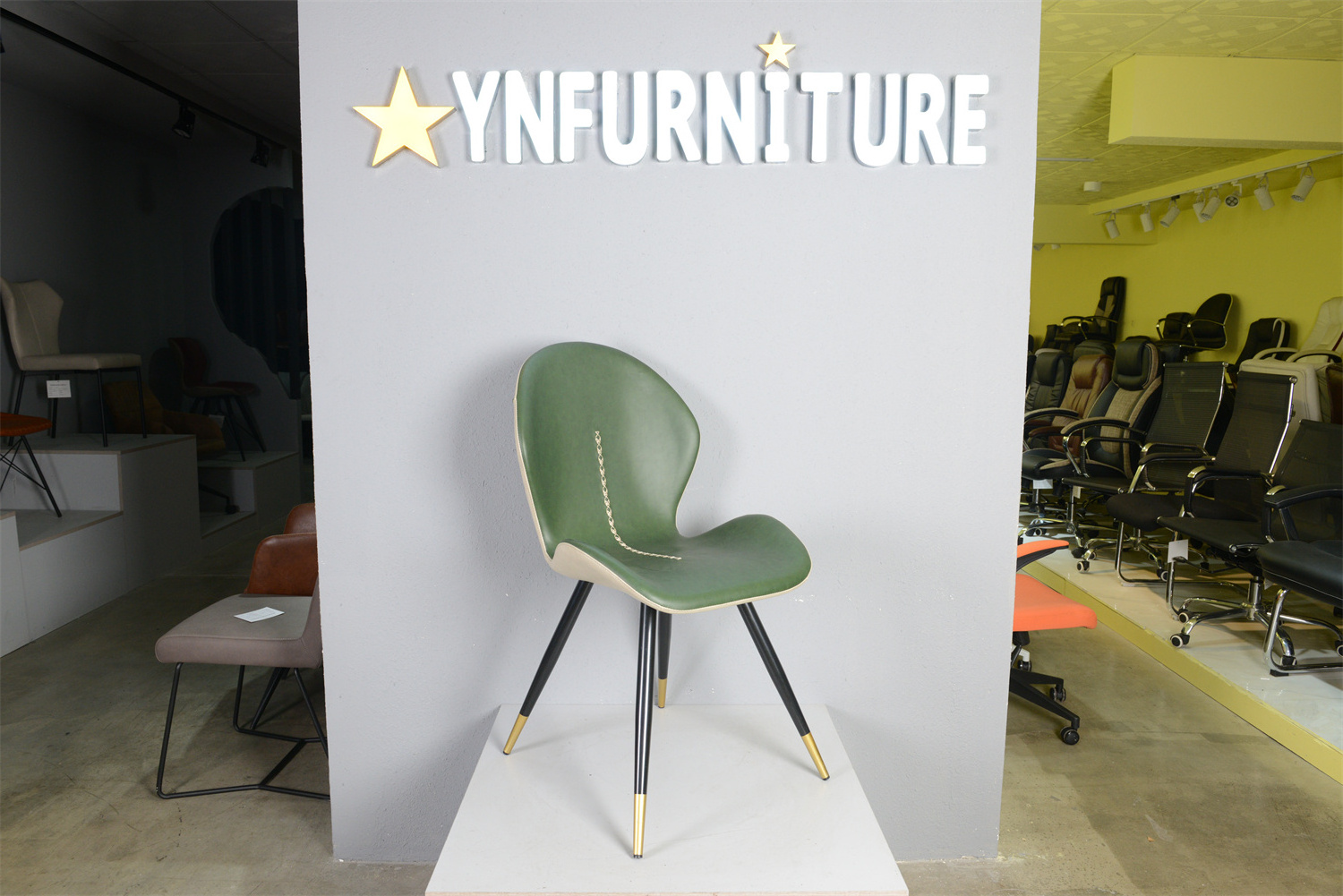 Vintage green and beige mixed faux leather curved back kitchen dining chair with metal legs