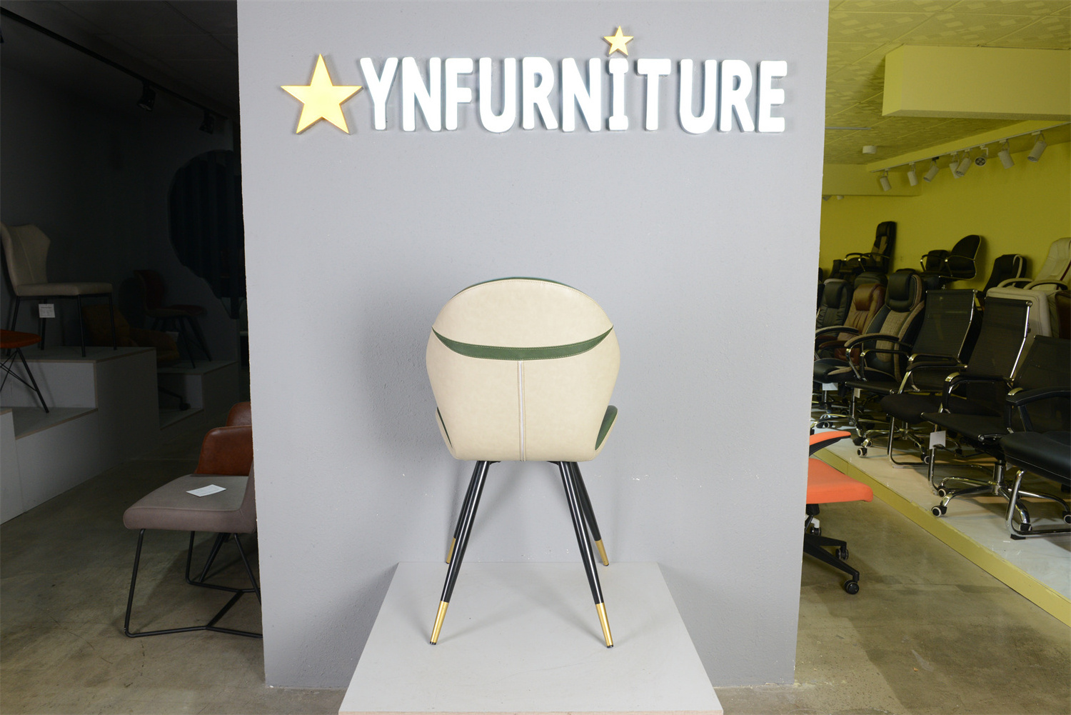 Vintage green and beige mixed faux leather curved back kitchen dining chair with metal legs