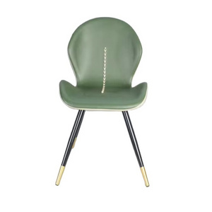 Vintage green and beige mixed faux leather curved back kitchen dining chair with metal legs