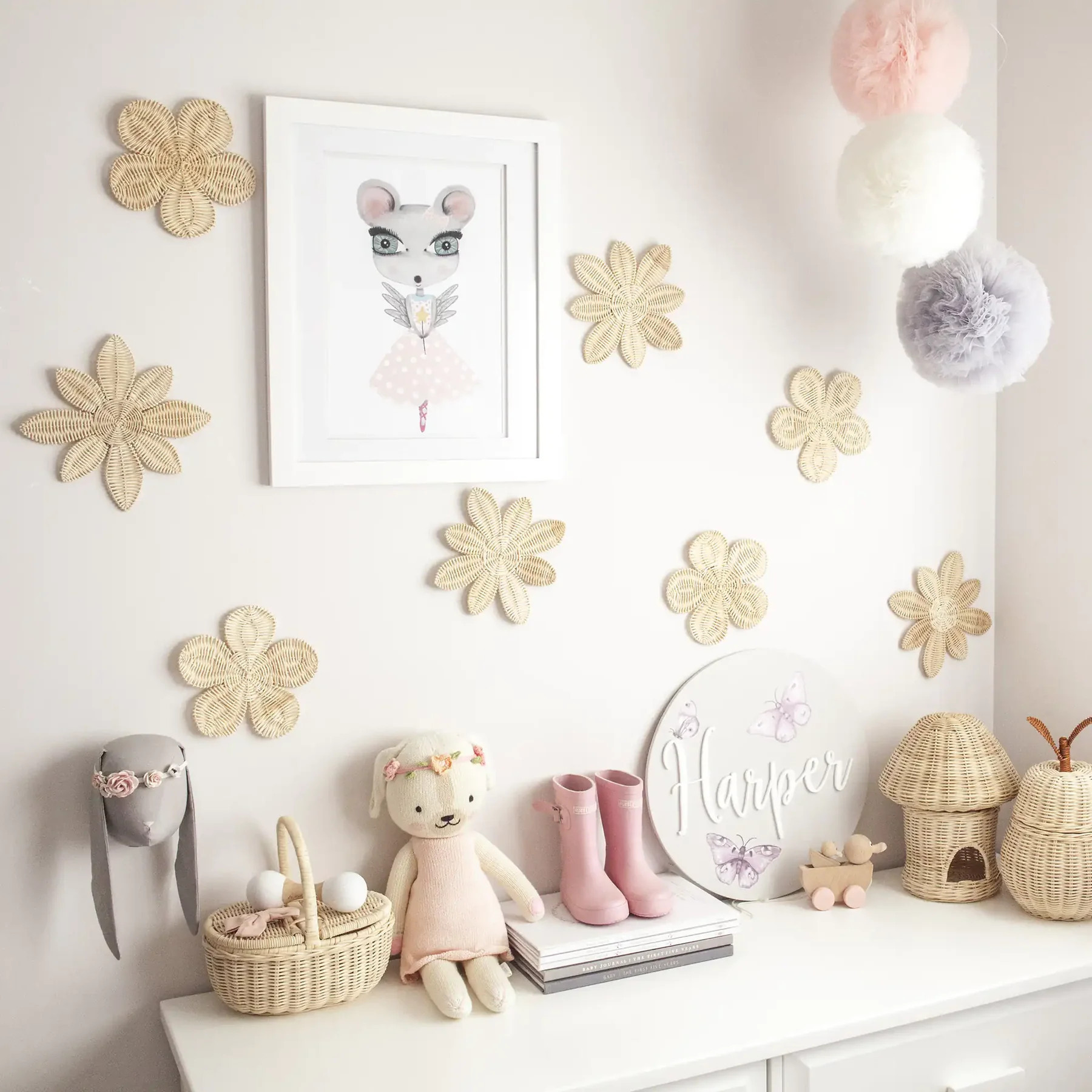 Rattan Flower Wall Decals Handmade From Natural Rattan, Optional Size, Best Price For Wholesale, From Vietnam