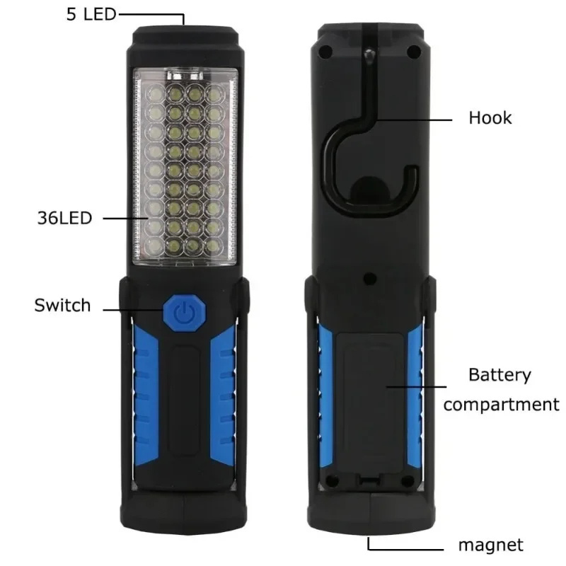 Super Bright USB Rechargeable 36+5LED Portable Work Light Stand Emergency Flashlight with Magnet Hook for Outdoor ABS Lamp Body