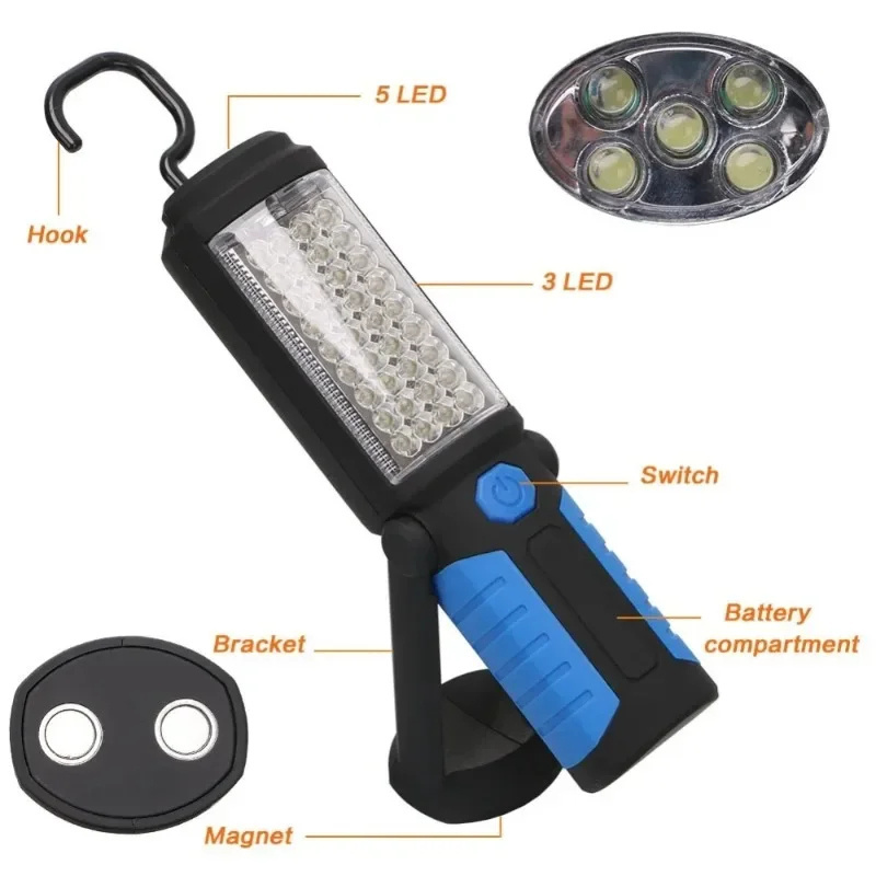 Super Bright USB Rechargeable 36+5LED Portable Work Light Stand Emergency Flashlight with Magnet Hook for Outdoor ABS Lamp Body