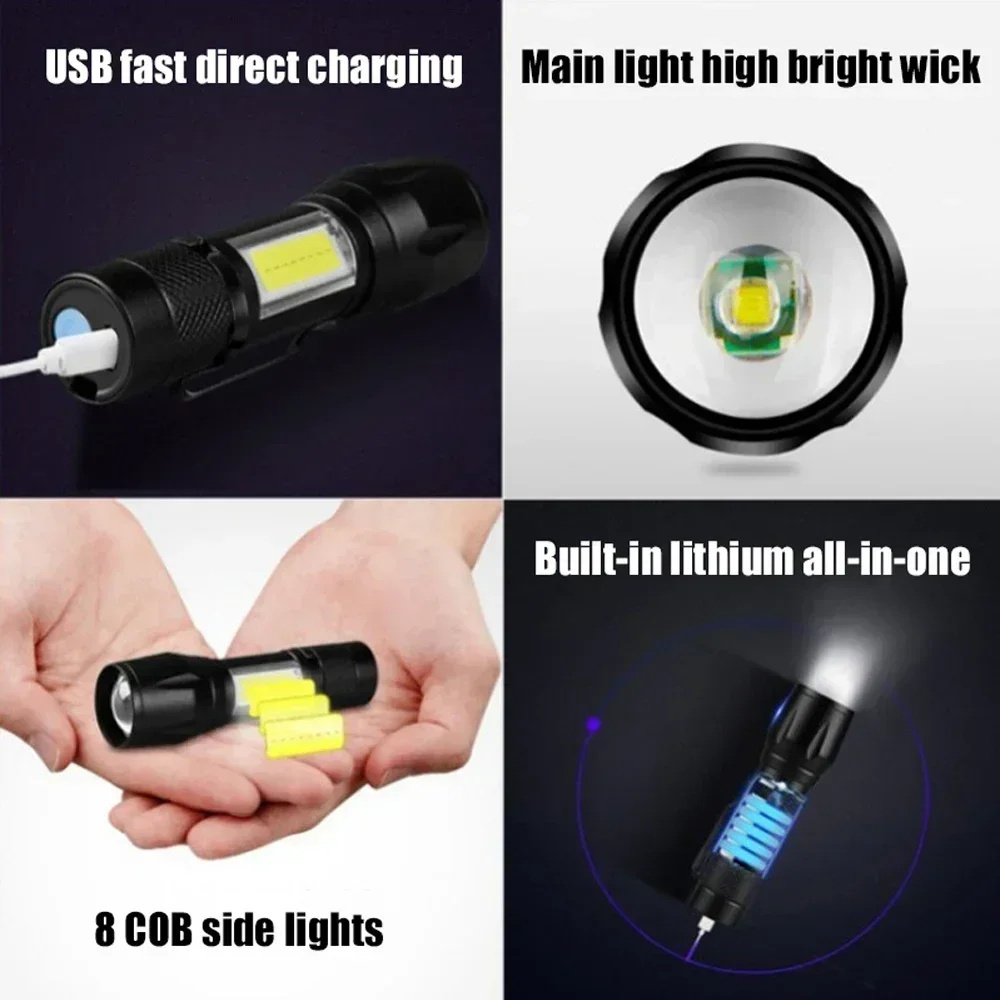 Portable COB+XPE Mini USB Rechargeable Flashlight Aluminum Body with Clip and Zoomable Light for Camping and Emergency Lantern