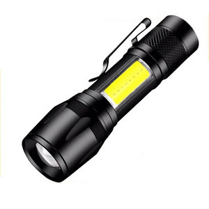 Portable COB+XPE Mini USB Rechargeable Flashlight Aluminum Body with Clip and Zoomable Light for Camping and Emergency Lantern