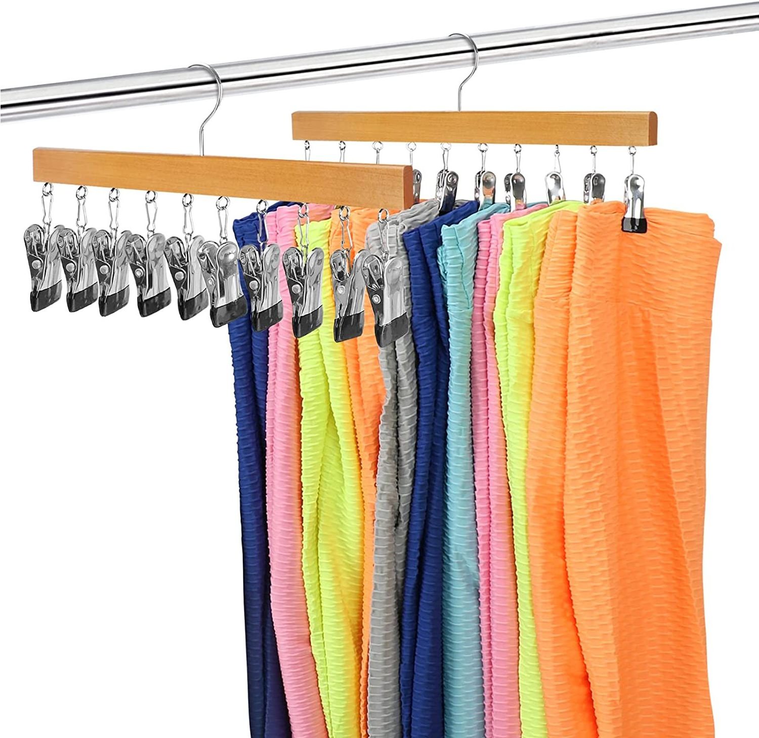 Legging Organizer for Closet Wooden Hangers with Clips Holds 20 Leggings/Pants/Jeans Hanging Closet Organizer w/Rubber Coated