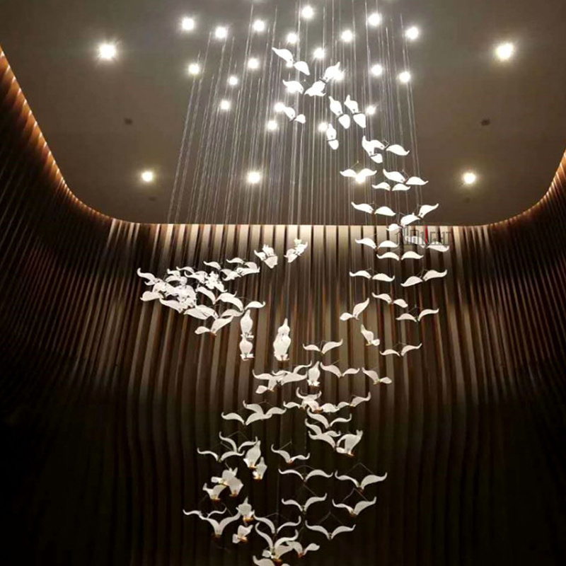 Modern Glass Wild Goose Bird Large Pendant Light for High Ceilings Decorative Bird Chandelier for Hotel Villa