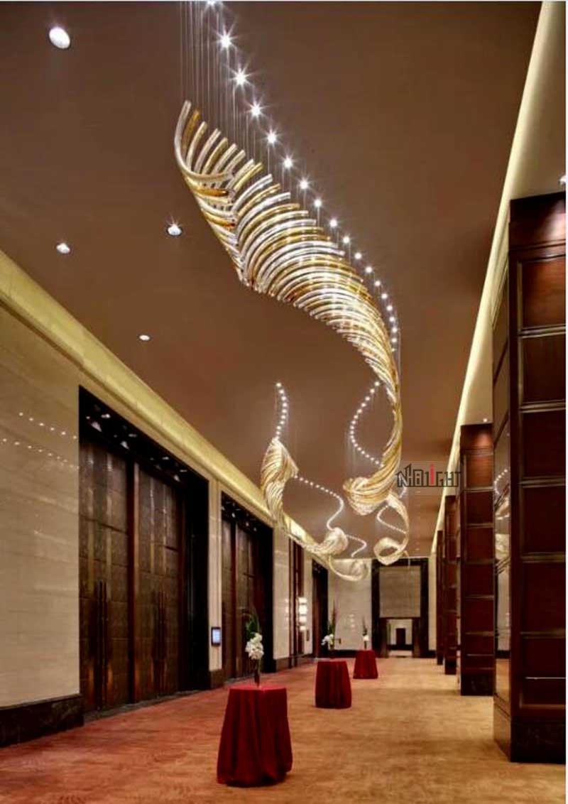 Custom Made Champagne Color Art Glass Rod Large Chandelier for High Ceiling with Pendant Lights Lobby Restaurant Corridor Hotel