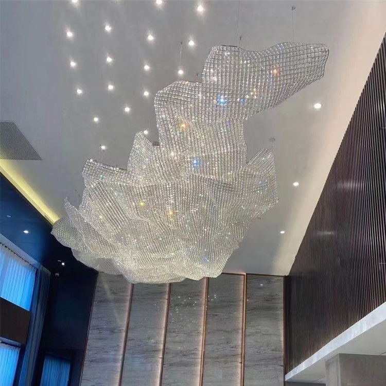 Large crystal chandelier for high ceiling and  hotel engineering custom pendant lamp hand-woven mesh flower lighting