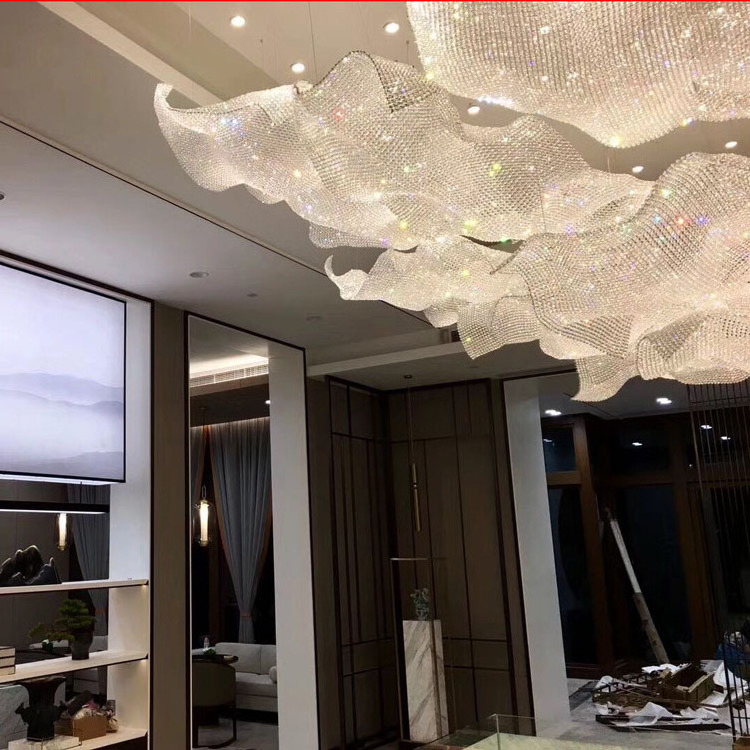 Custom Non-Standard Engineering Woven Net Pendant Lighting Large Crystal Chandelier For High Ceiling of Hotel Lobby