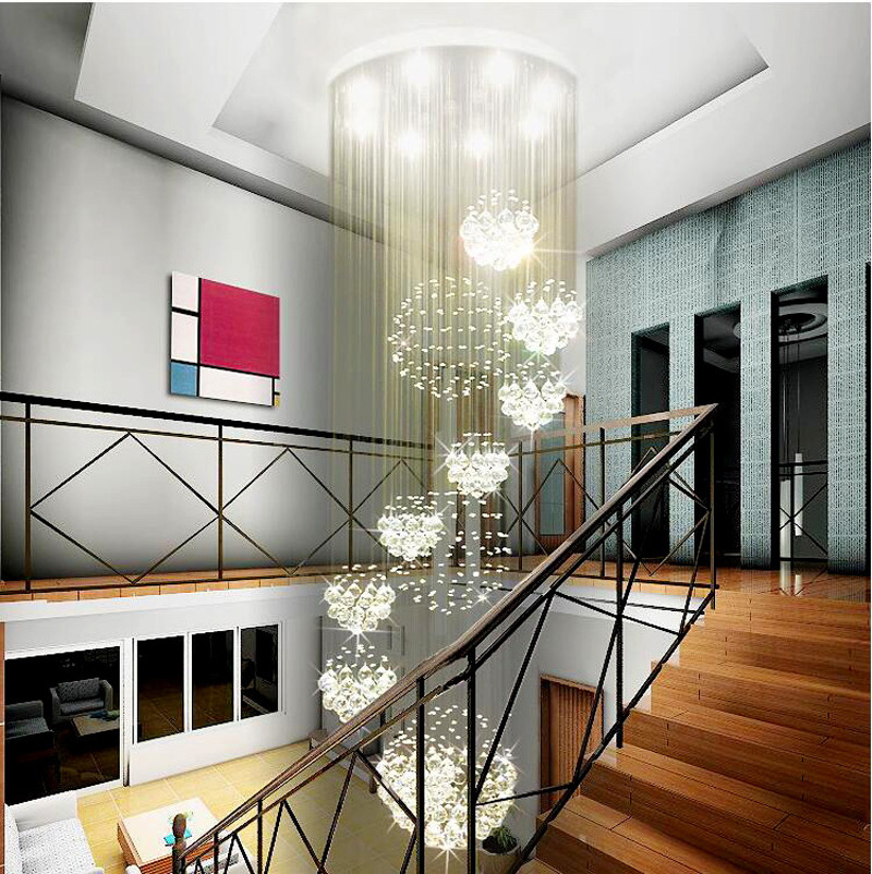 modern custom Large long staircase lighting LED ball pendant lamp raindrop spiral crystal chain chandelier for hotel and home