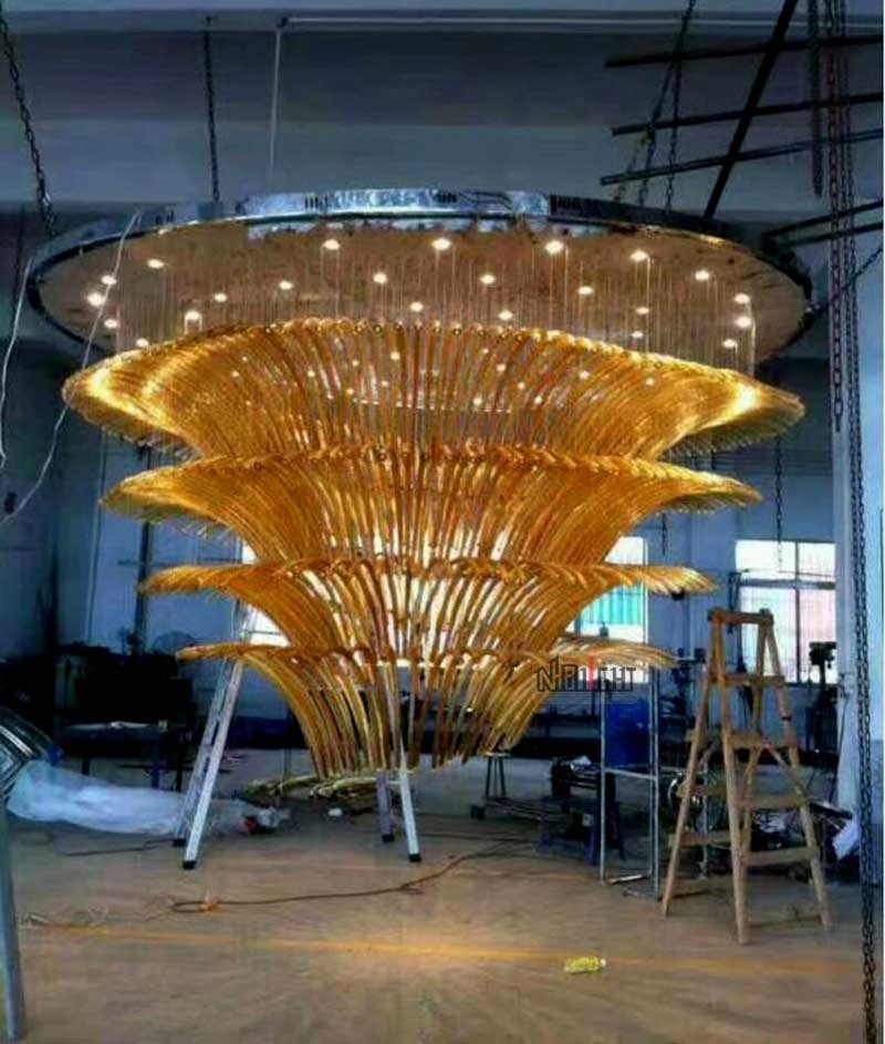 Hotel villa pendant lighting Large art tea color murano rod glass chandelier for high ceiling lamps of living room bedroom