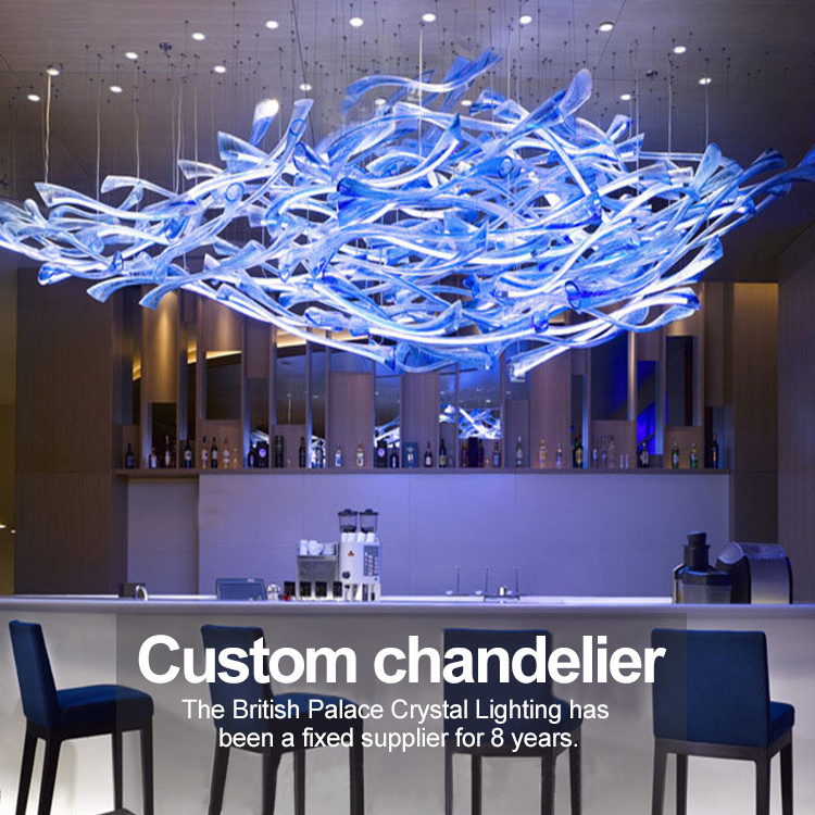 Murano Hanging Glass Ceiling Light Large Hand Blown Glass Blue Chandelier for High Ceiling Lightings Dining Room Living Room