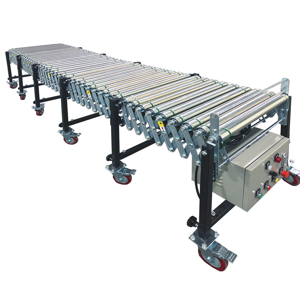 Automated telescopic flexible roller conveyor power and free conveyor