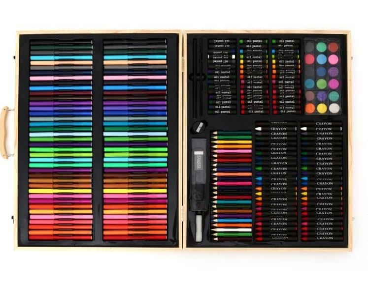 Studio Art & Craft Supplies Set in Wood Box for Drawing and Painting 80 Piece Multi Colors