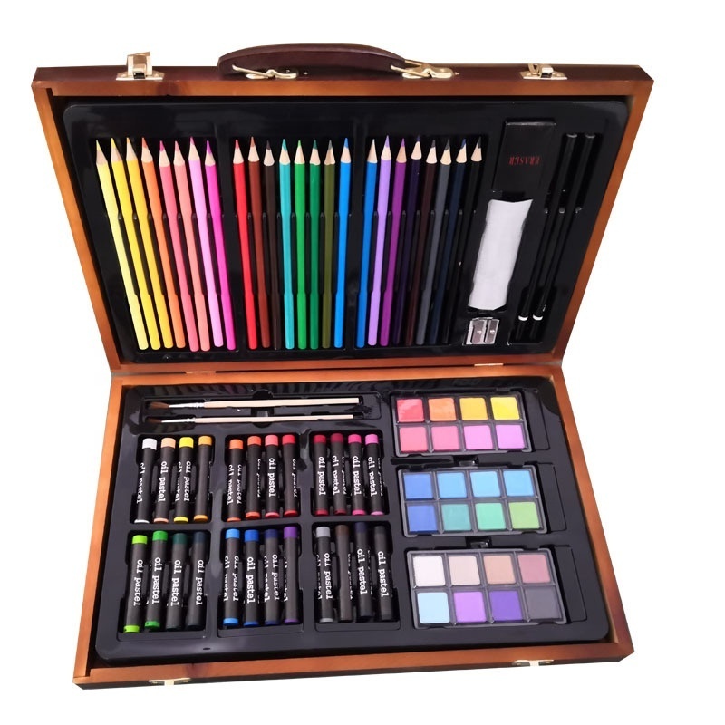 Studio Art & Craft Supplies Set in Wood Box for Drawing and Painting 80 Piece Multi Colors