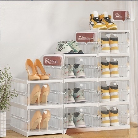 Foldable Plastic Dustproof Shoe Storage Box with Transparent Drawer, Wholesale Shoe Cabinet Combination, for Home Use