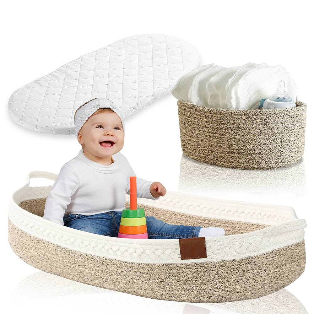 Baby Changing Basket Caddy Organizer Moses Basket Diaper Caddy Foam Pad for Newborn & Storage Woven Bin