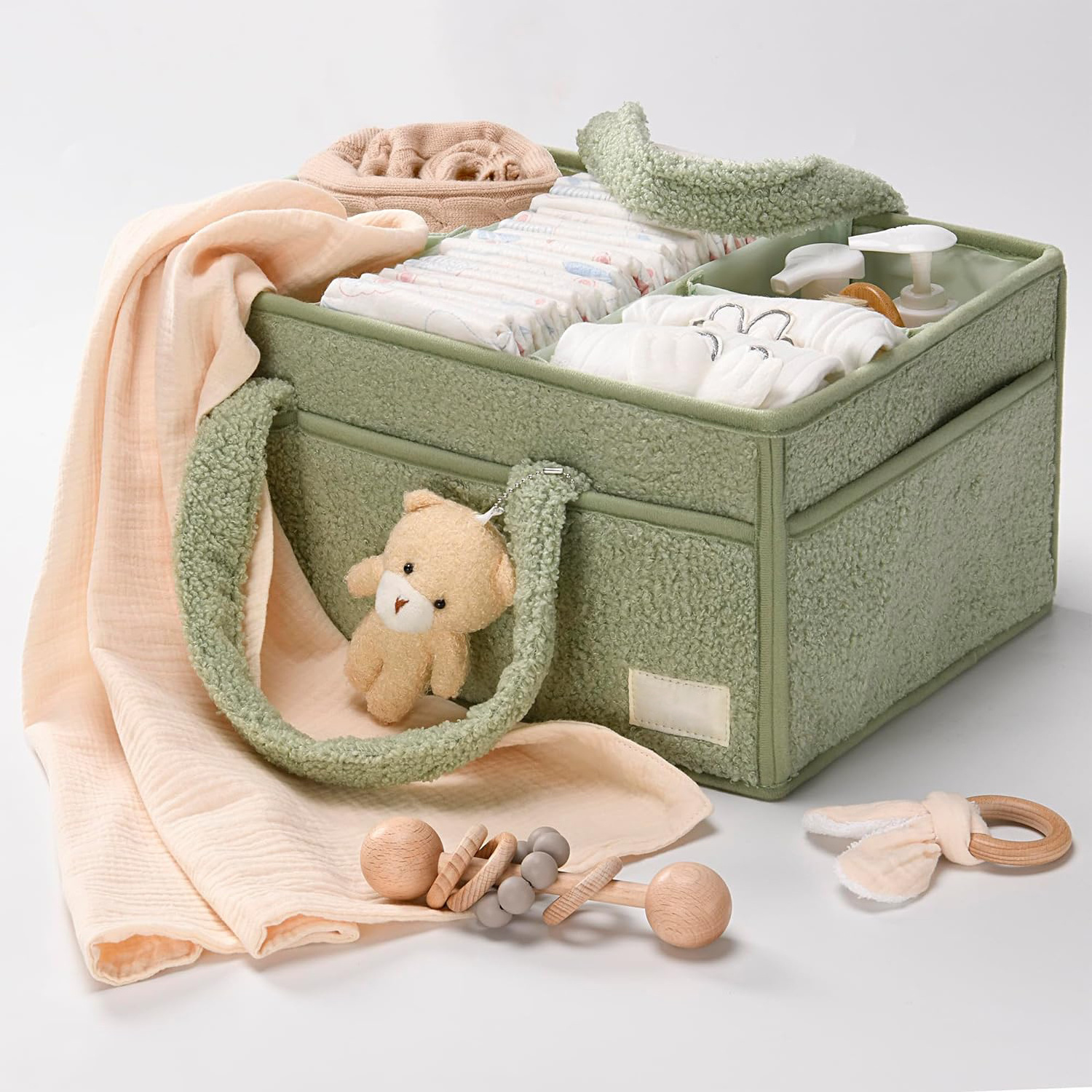 Portable Baby Nursery Diaper Caddy Organizer for Changing Table Teddy Baby Storage Basket for Diapers and Baby Wipes