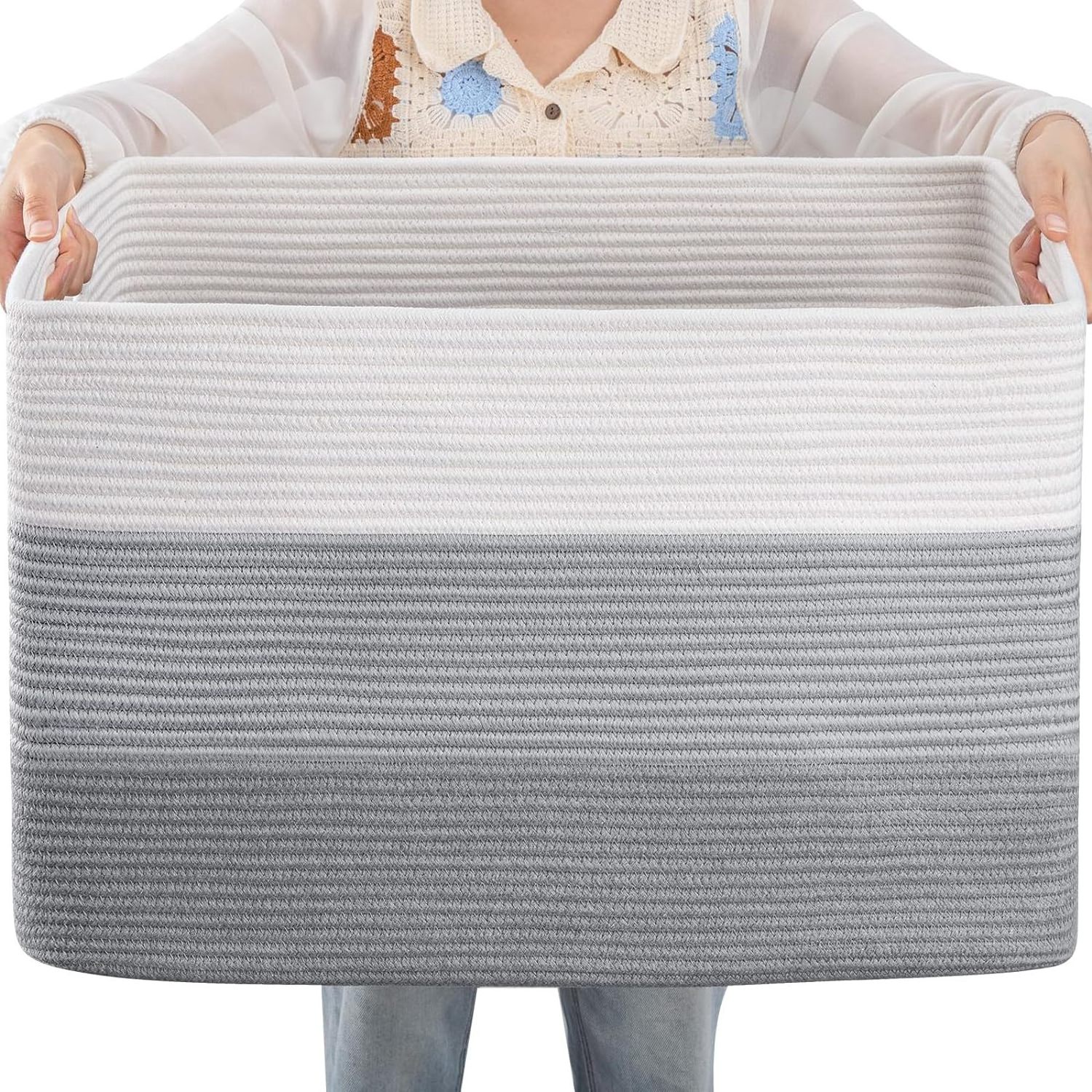 Factory Custom Rectangle Large Woven Nursery Blanket Laundry Basket Toy Cotton Rope Storage Basket