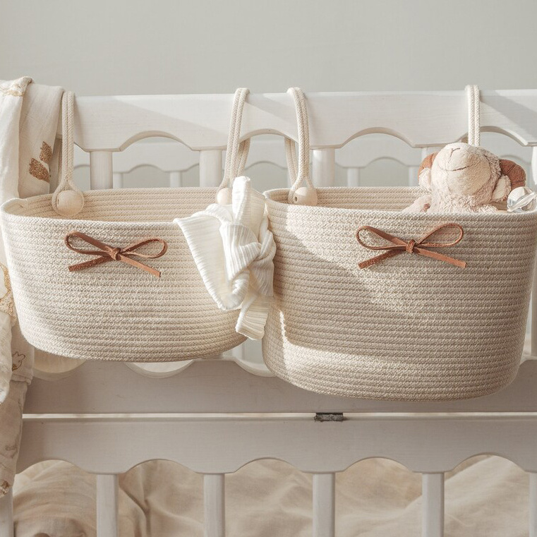 Custom baby bed hanging storage organizer crib pocket diaper pouch cotton rope crib hanging basket