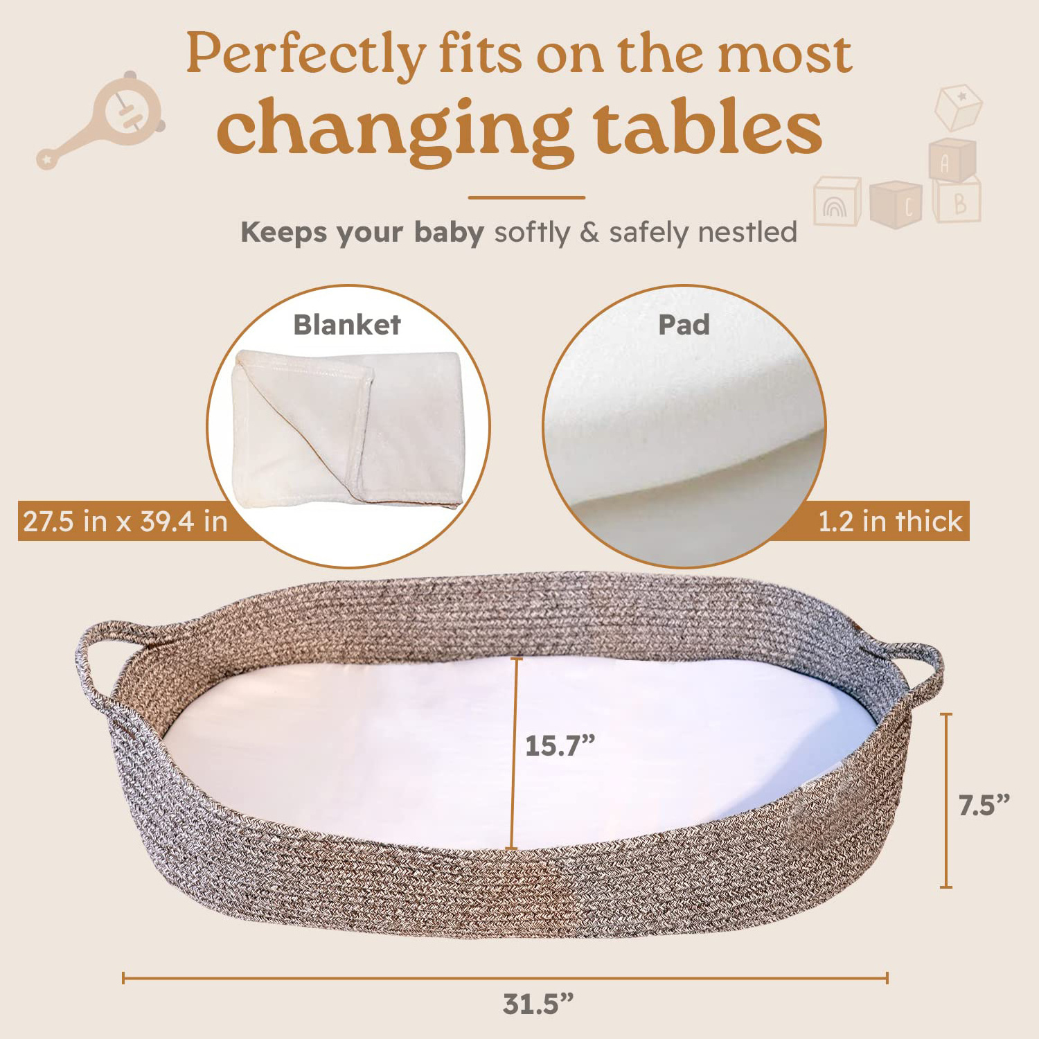 Foldable Cotton Rope Baby Changing Basket Handle for Newborn Nursery Moses Baskets Diaper Changing With Mattress