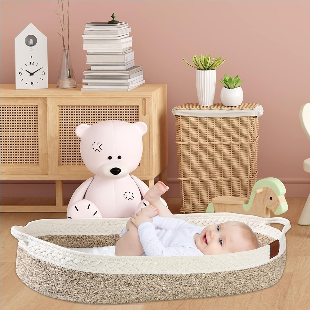 Baby Changing Basket Caddy Organizer Moses Basket Diaper Caddy Foam Pad for Newborn & Storage Woven Bin