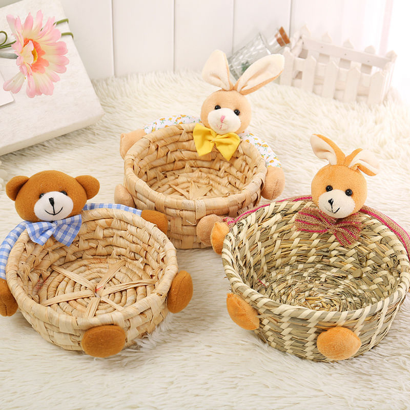 Rabbit Fabric Storage Basket Cosmetic Snacks Key Wicker Rattan Handwoven Storage Basket Bear Water Grass Woven Storage Basket