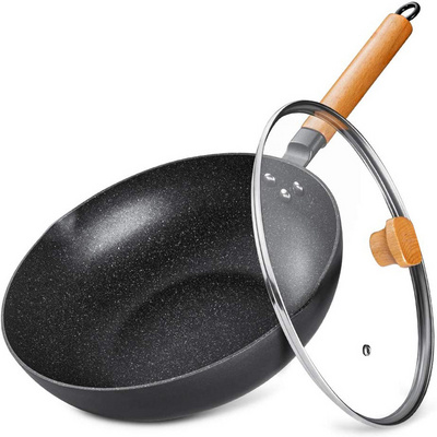 30.5 cm frying wok with lid, 100%Apeo- and PFOA-free granite coating, cooking pot with removable wooden handle