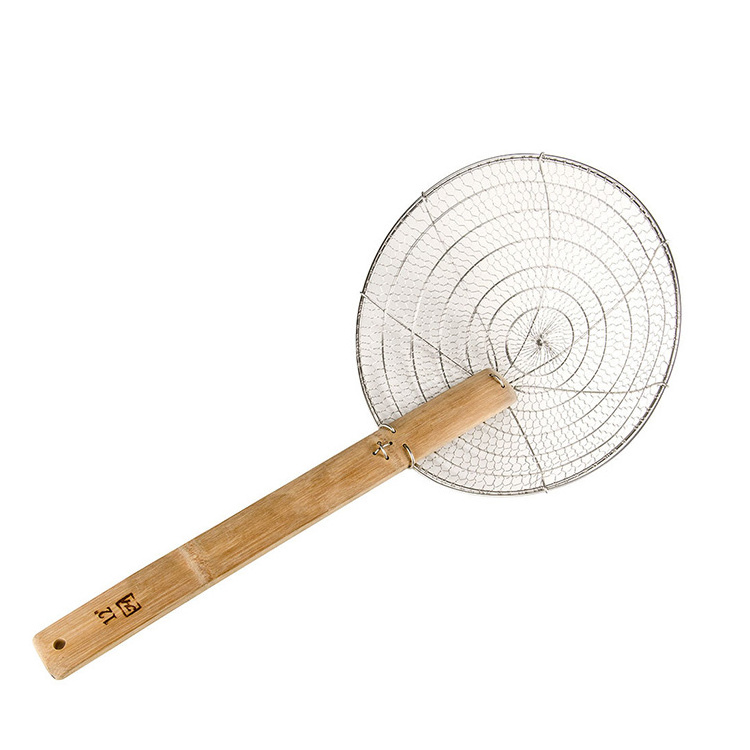 wire and brass Stainless Steel Spider Strainer  Wire Food Cooking Skimmer With Natural Bamboo Handle