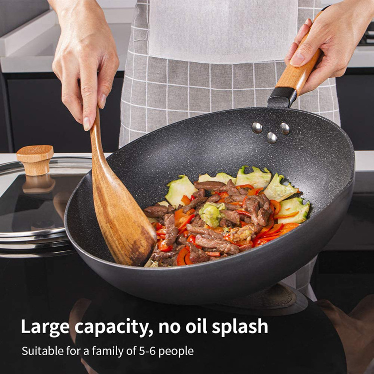 30.5 cm frying wok with lid, 100%Apeo- and PFOA-free granite coating, cooking pot with removable wooden handle