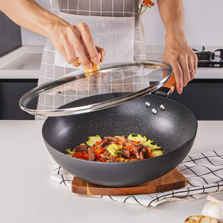 30.5 cm frying wok with lid, 100%Apeo- and PFOA-free granite coating, cooking pot with removable wooden handle