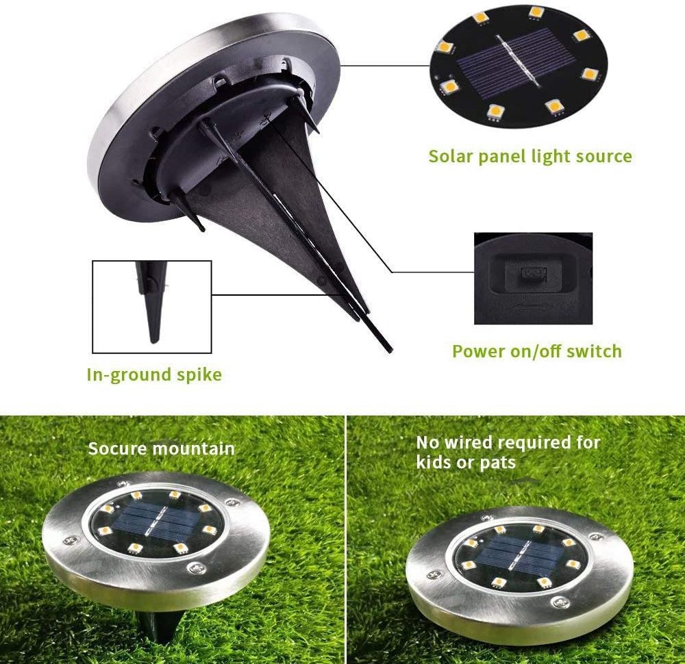 Waterproof 8 LEDs Warm White Landscape Pathway Patio Inground disk light Outdoor Ground led Solar Garden Lights