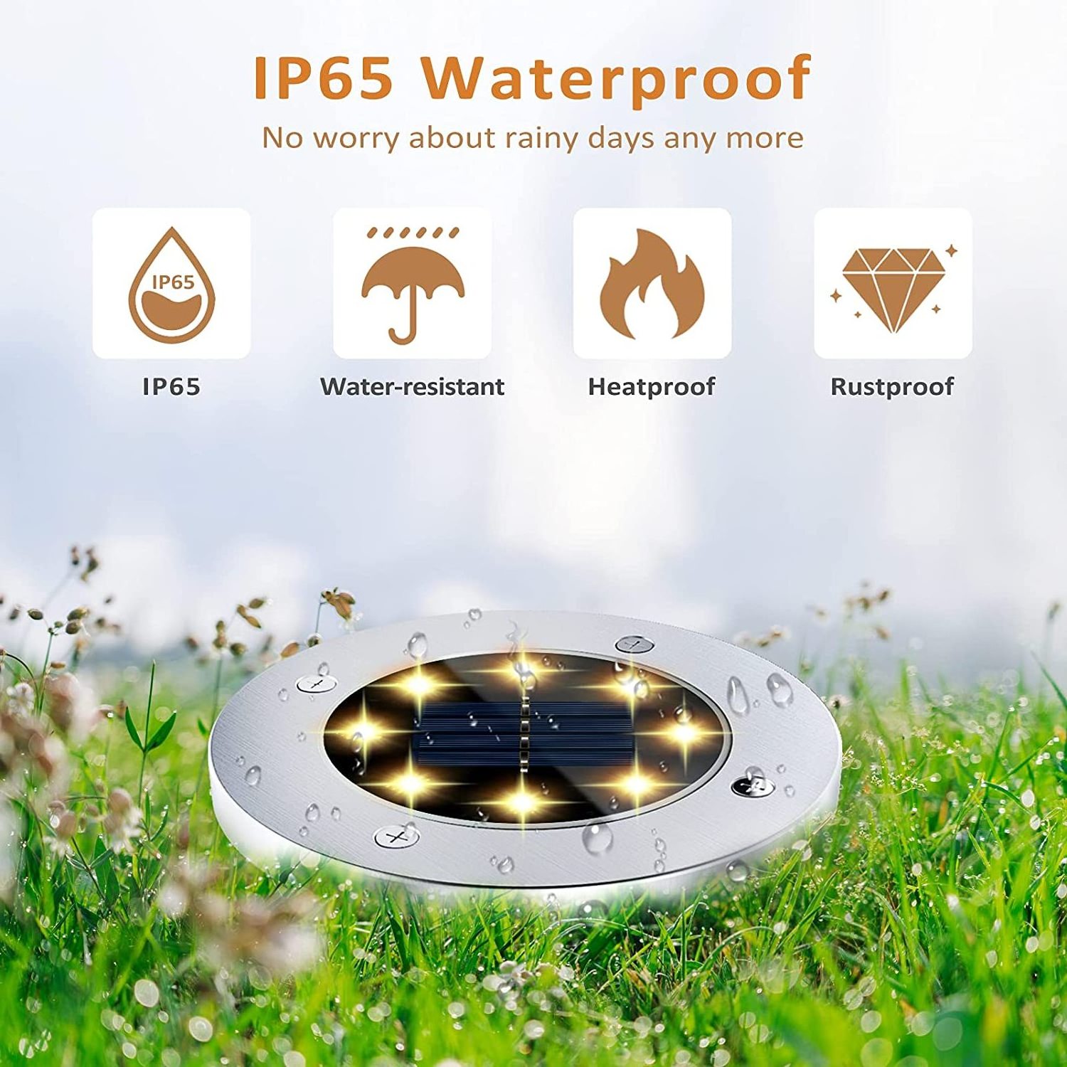 Waterproof 8 LEDs Warm White Landscape Pathway Patio Inground disk light Outdoor Ground led Solar Garden Lights