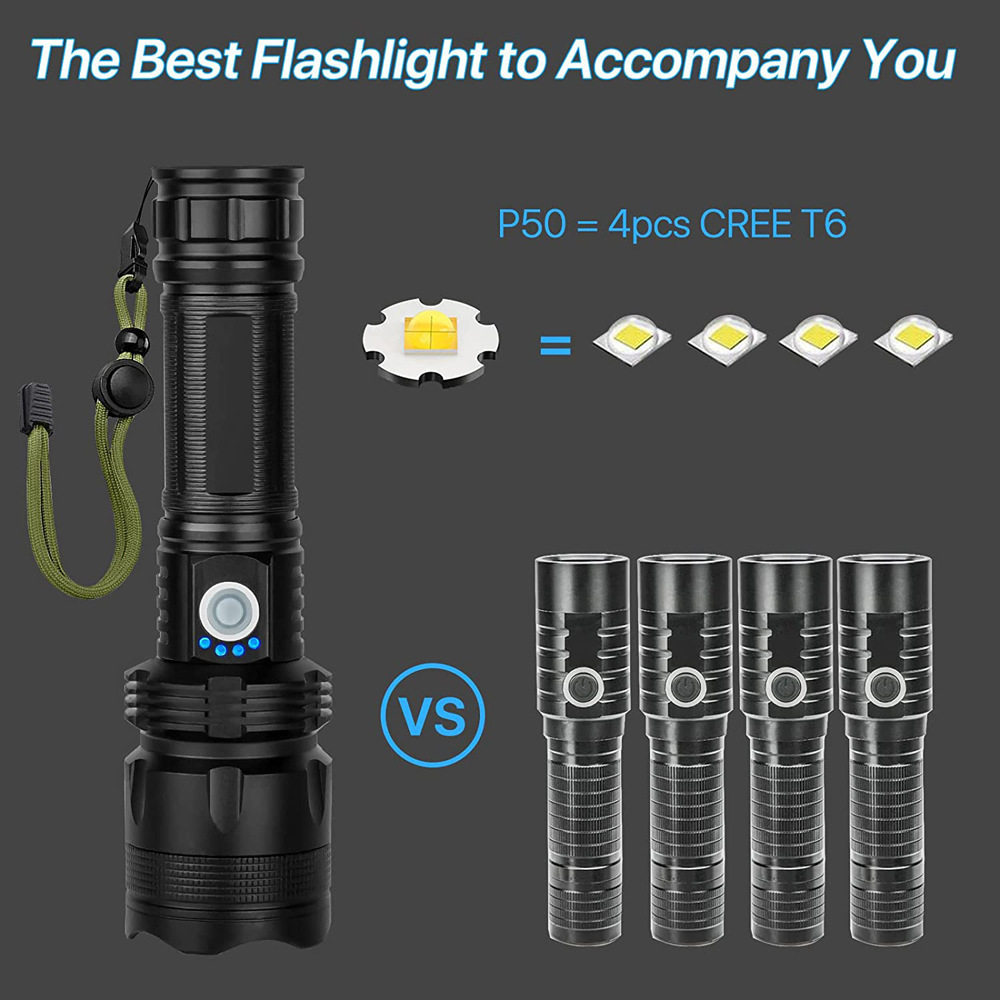 Waterproof long range Powerful Tactical flashlight P50 led torch light rechargeable super bright flashlights high lumens