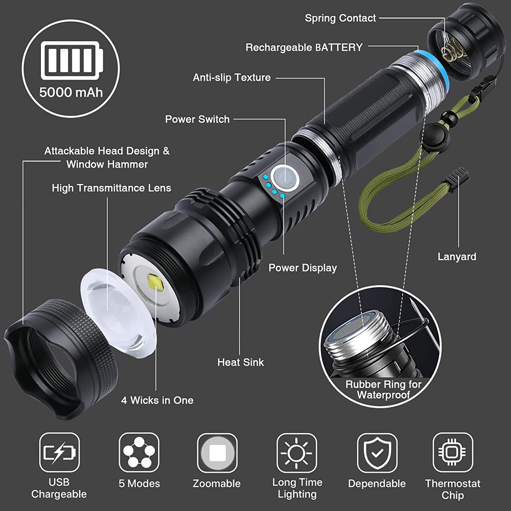 Waterproof long range Powerful Tactical flashlight P50 led torch light rechargeable super bright flashlights high lumens