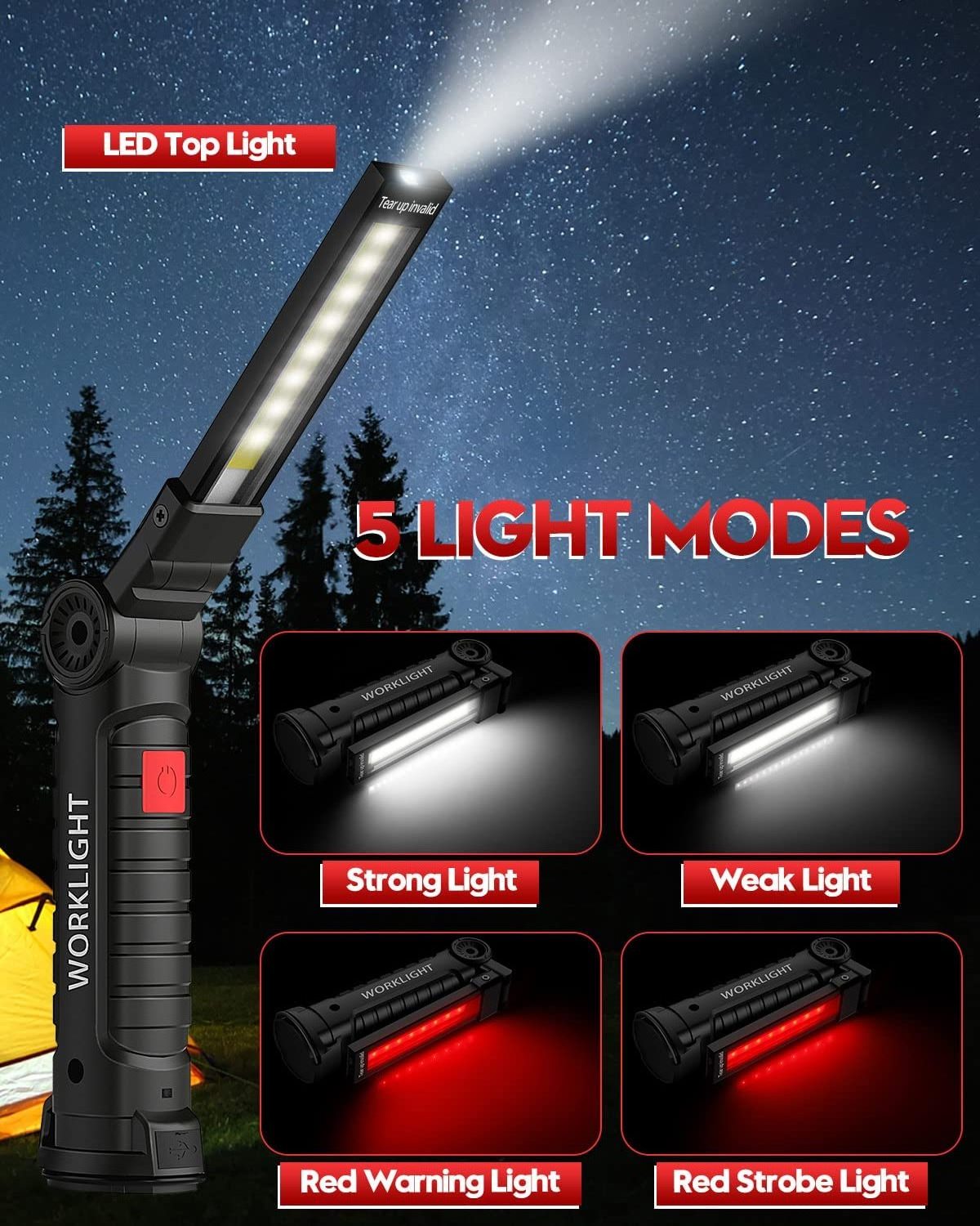 USB Rechargeable Cob LED Work Light Portable Magnetic Base 360 Degree Rotation Super Bright Waterproof Working Lights Flashlight