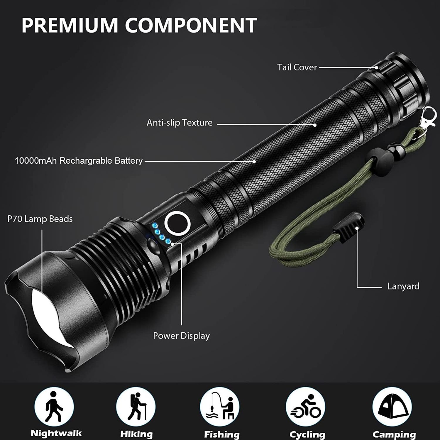 Waterproof P90 Super Bright High Lumen 200000 Long Range Powerful Rechargeable Tactical Flashlight Torch