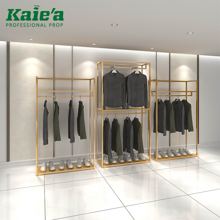 Custom Metal Hanging Display Garment Dresses Rack Gold Clothes Display Rack Store Furniture Clothing Display Rack