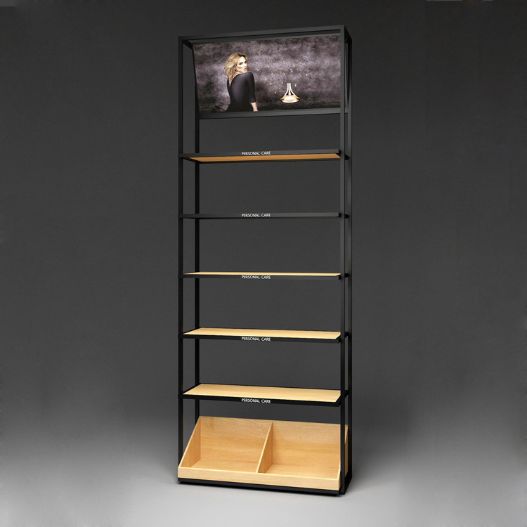 Hot sale wood cosmetics display shelf  cosmetic shop shelf design