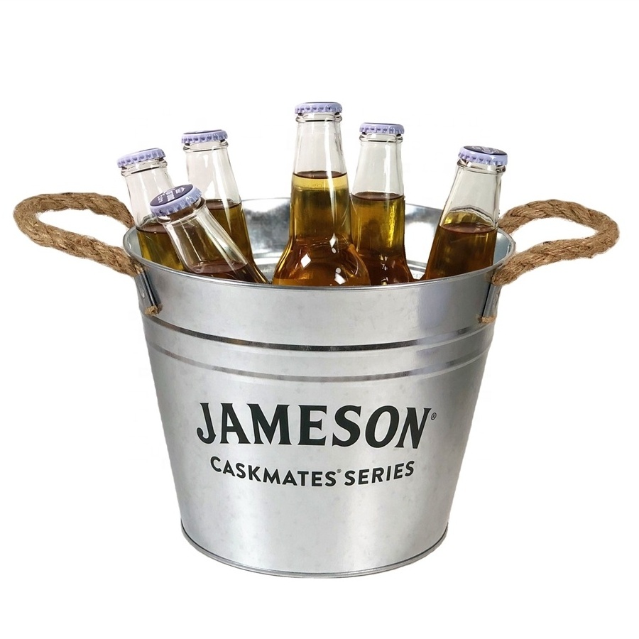 5L Galvanized Tin Ice Bucket with Rope Custom Logo High Quality Metal Beer Cooler 6-pack