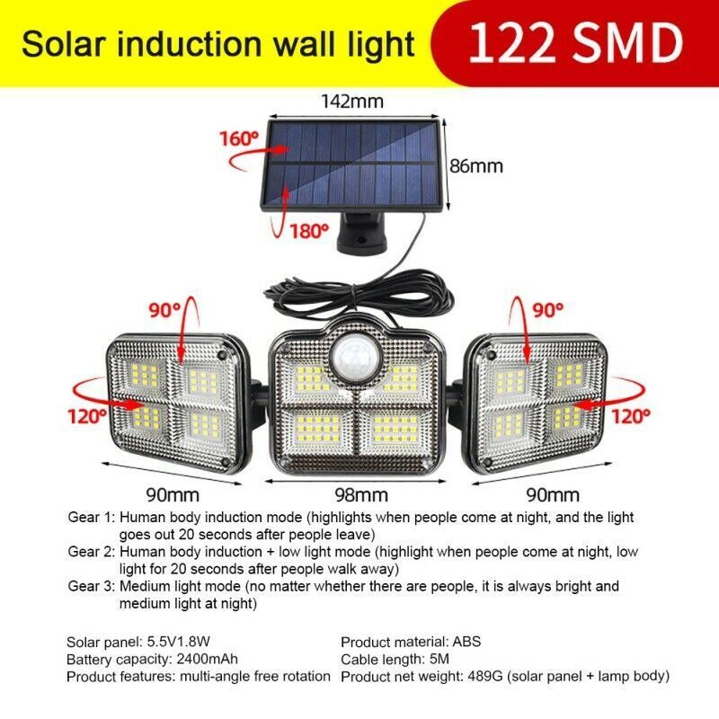 122 LED Solar Powered Light Waterproof Outdoor PIR Motion Sensor Garden Security Lights