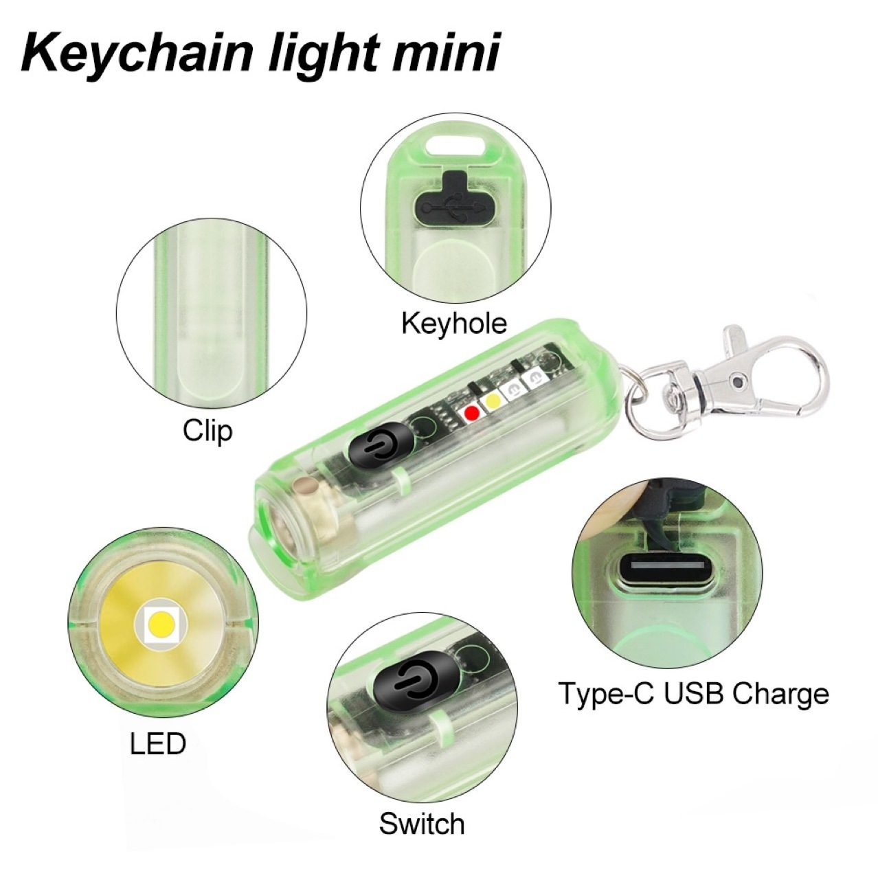 Mini  Type-C  USB Rechargeable keychain Light portable small led  strong light flashlight