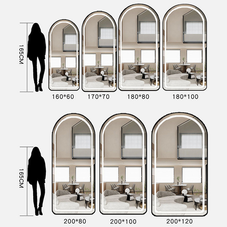 factory custom arched full-length led mirror large long whole body mirrors standing frameless glass wall mirror with light up