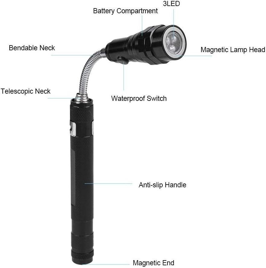 3 LED Flexible Torch Telescopic Extendable Magnetic Pick-up Tool Light Flashlight