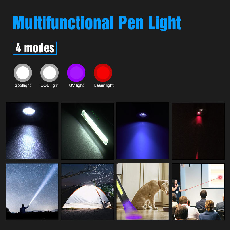 Rechargeable LED Torch Light, Multifunctional LED Flashlight with 365nm UV lamp, Magnetic COB Work Light