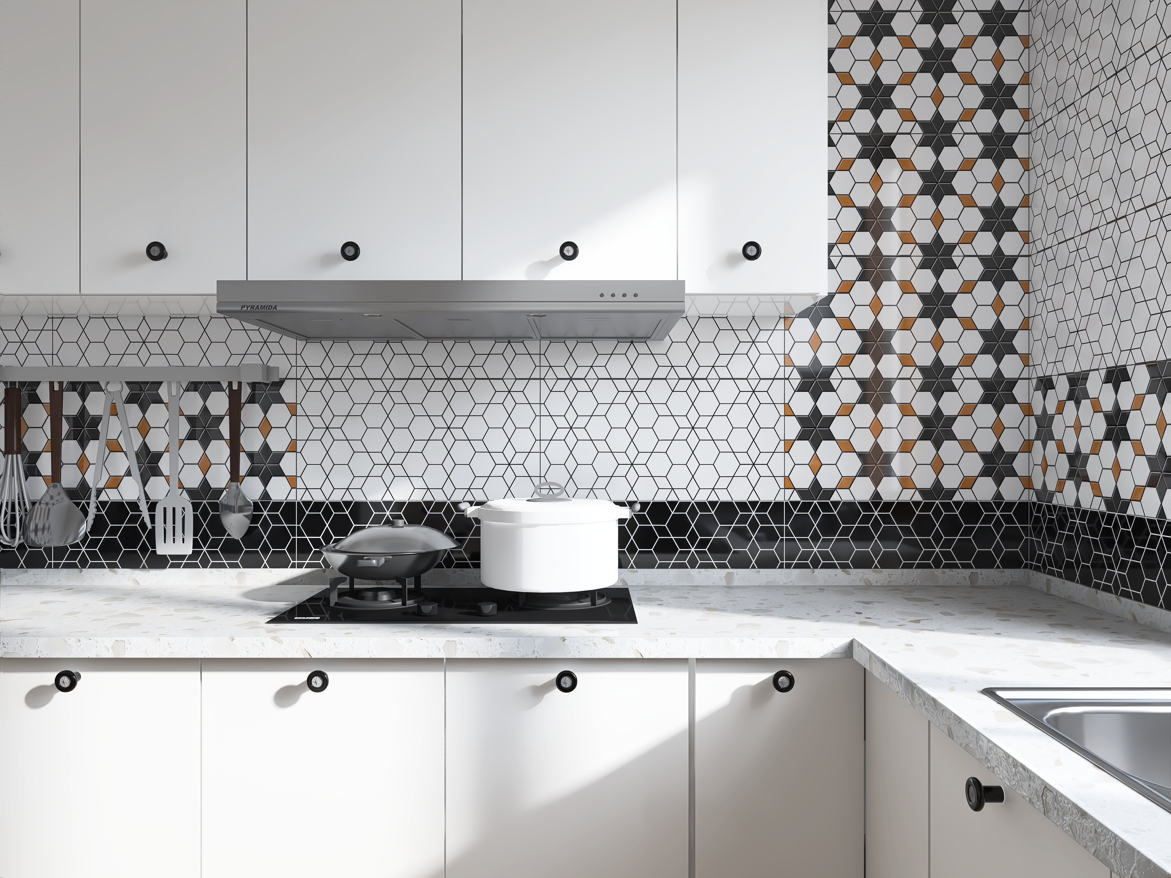 Hexagon Pattern Luxury 3D Black And White Inkjet 300x600 House ABC Tile Interior Wall Glazed Textured Ceramic Tiles 30x60