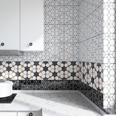 Hexagon Pattern Luxury 3D Black And White Inkjet 300x600 House ABC Tile Interior Wall Glazed Textured Ceramic Tiles 30x60