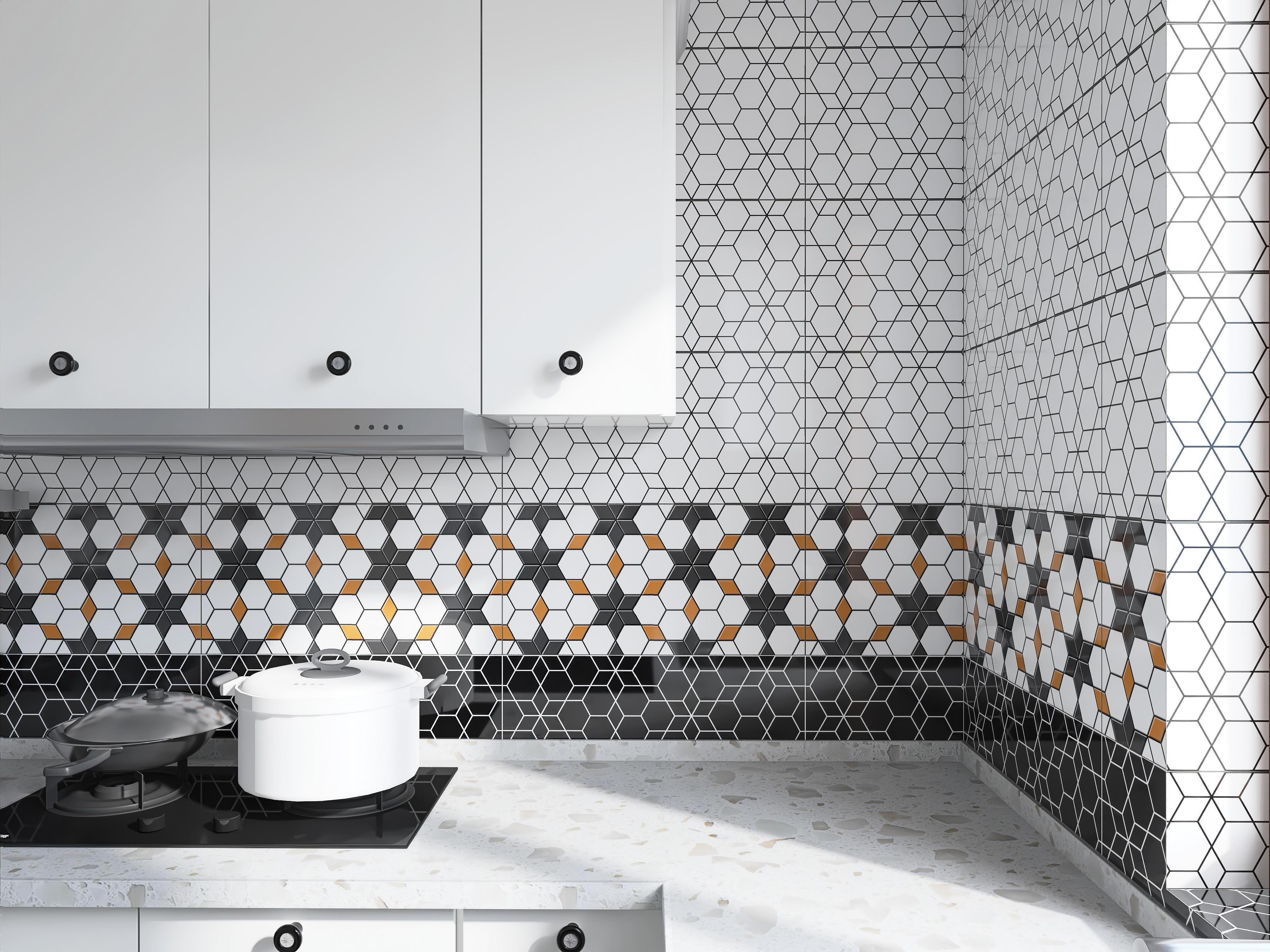 Hexagon Pattern Luxury 3D Black And White Inkjet 300x600 House ABC Tile Interior Wall Glazed Textured Ceramic Tiles 30x60