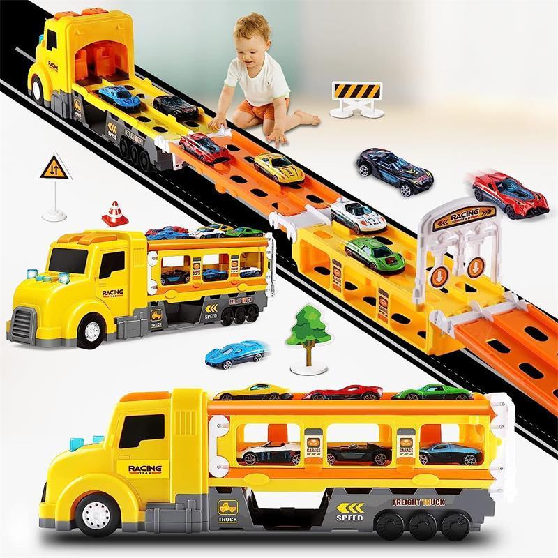 Hot selling Transport Car Carrier Truck with 6 Cars Racing Play set with Lights Sounds for Kids Christmas birthday Gifts (red)